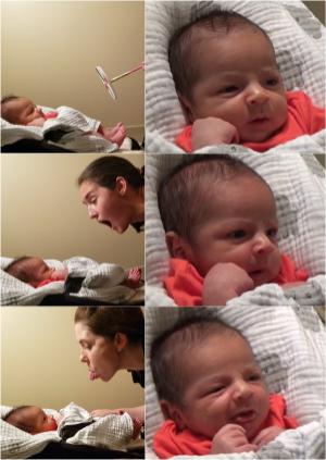 Dr. Elizabeth Simpson shares facial expressions with a newborn baby who mimics her actions. 